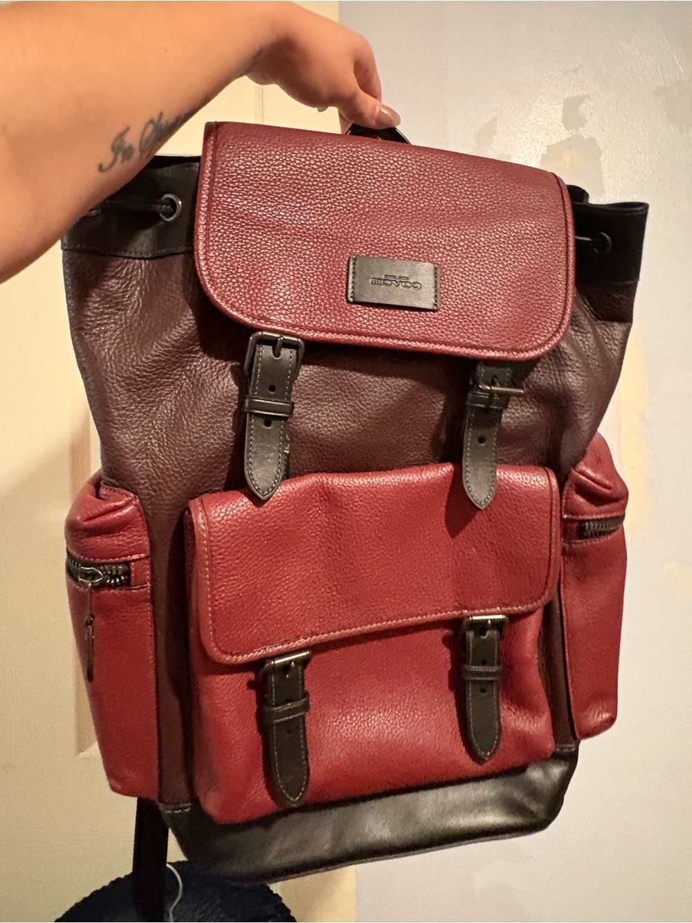 Coach Sprint Men’s Two-Tone Burgundy and Black Leather Backpack New